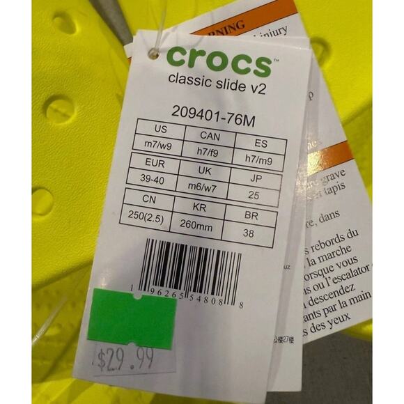 NWT Crocs Classic Slide Sandals Sz M7/W9 Yellow Rubber Open Toe Casual Slip On - Picture 6 of 7
